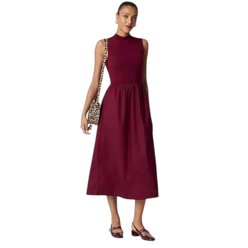 NEW J. Crew Factory Mockneck knit mixed-media dress Sleeveless Burgundy Size TM